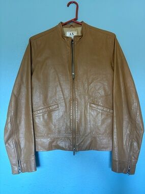 Armani Exchange Tan Leather Bomber Jacket